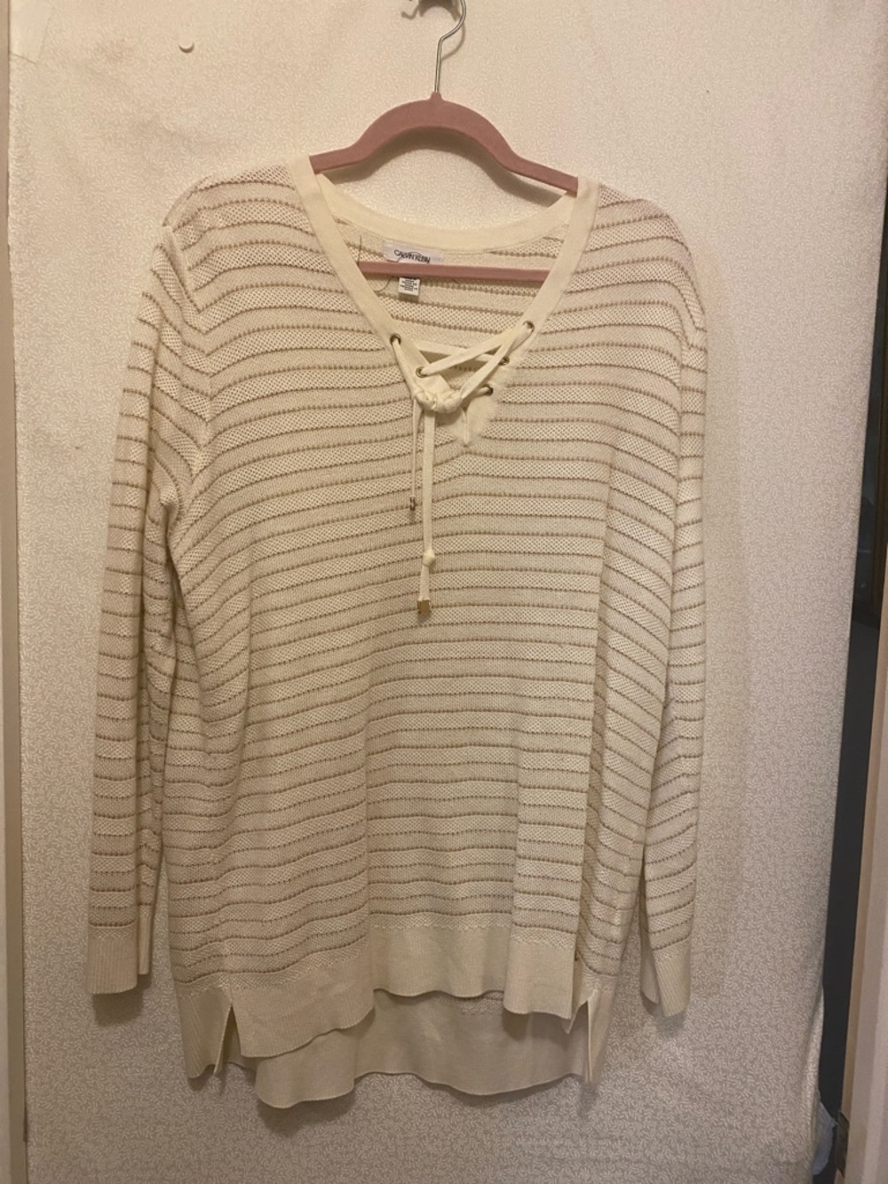 Calvin Klein Cream Lace-Up Lightweight Striped Sweater